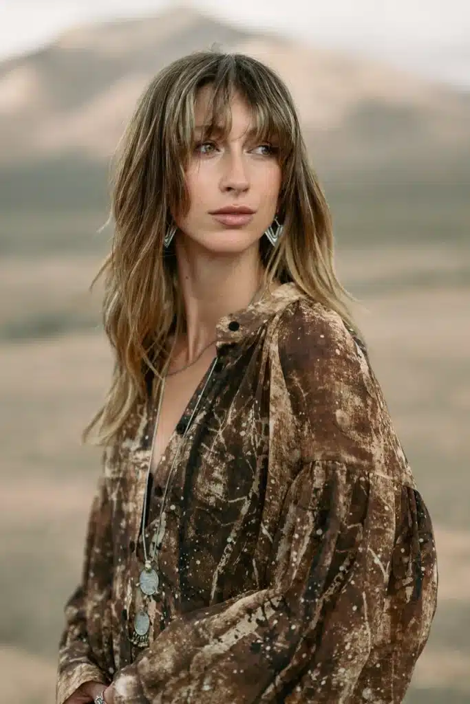 Portret van een vrouw in aardetinten, gefotografeerd in een natuurlijke omgeving